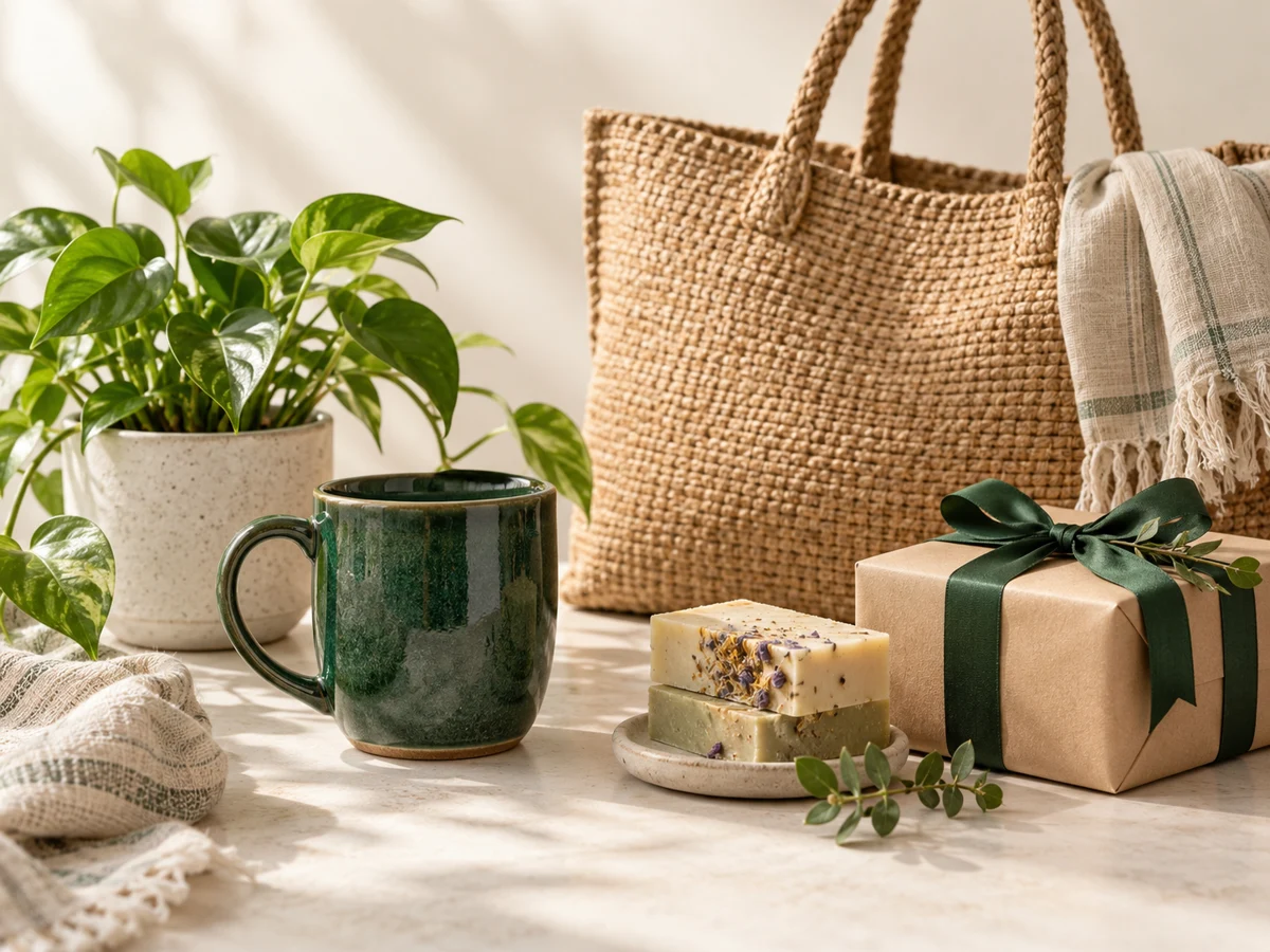 A green ceramic mug, woven tote, handmade soaps, plant and wrapped gift in warm daylight